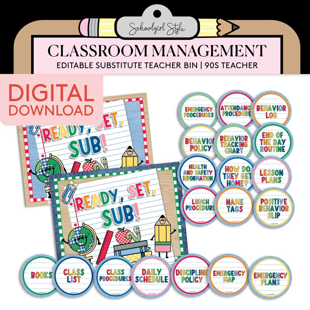 Printable Editable Substitute Teacher Bin | 90s Teacher